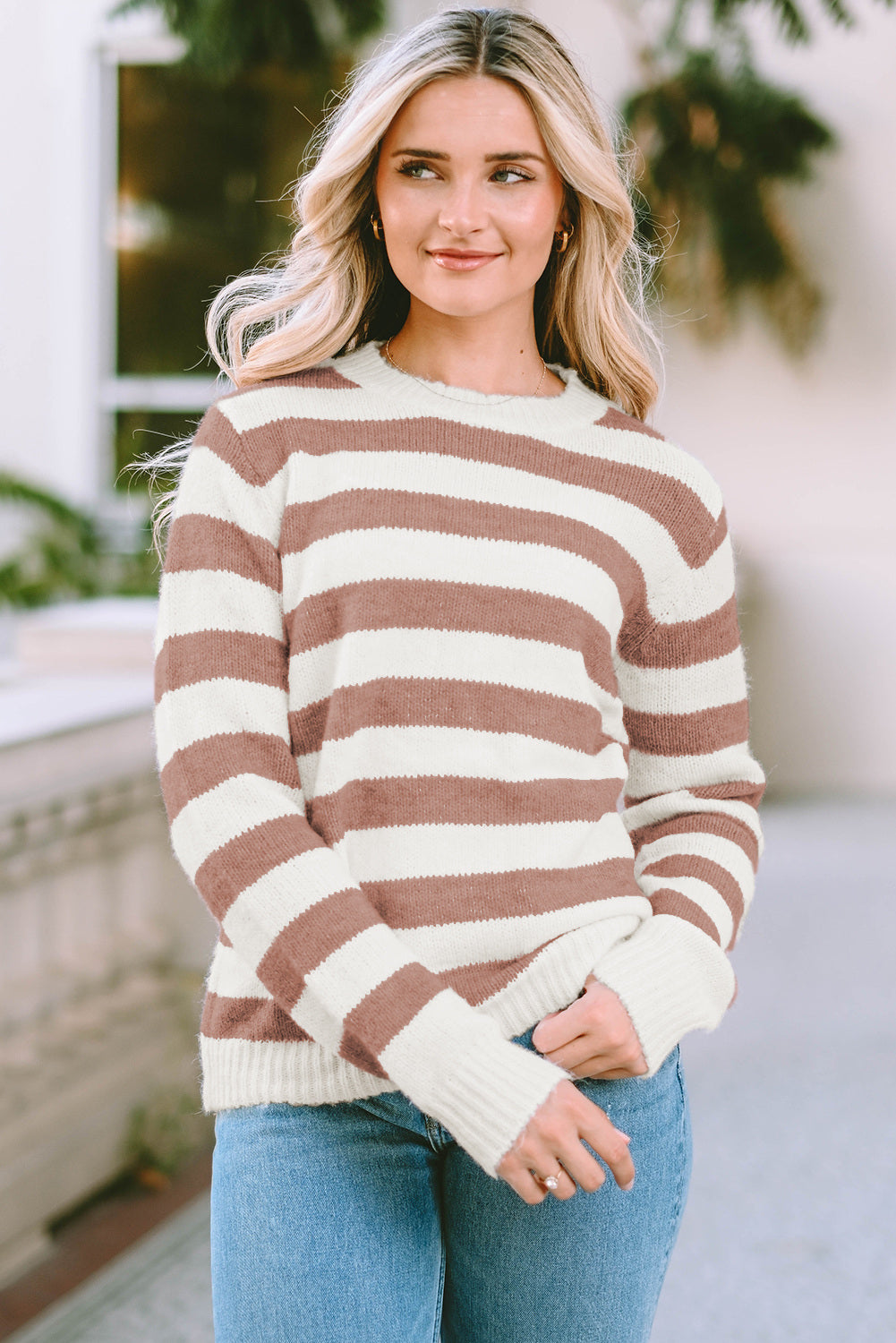 Striped Round Neck Long Sleeve Sweater - Lola Cerina Boutique