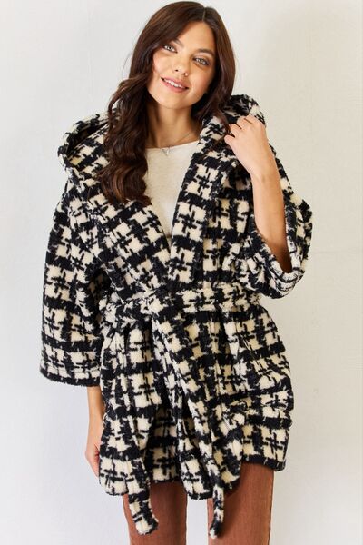 J.NNA Fuzzy Plaid Waist Tie Hooded Robe Cardigan - Lola Cerina Boutique