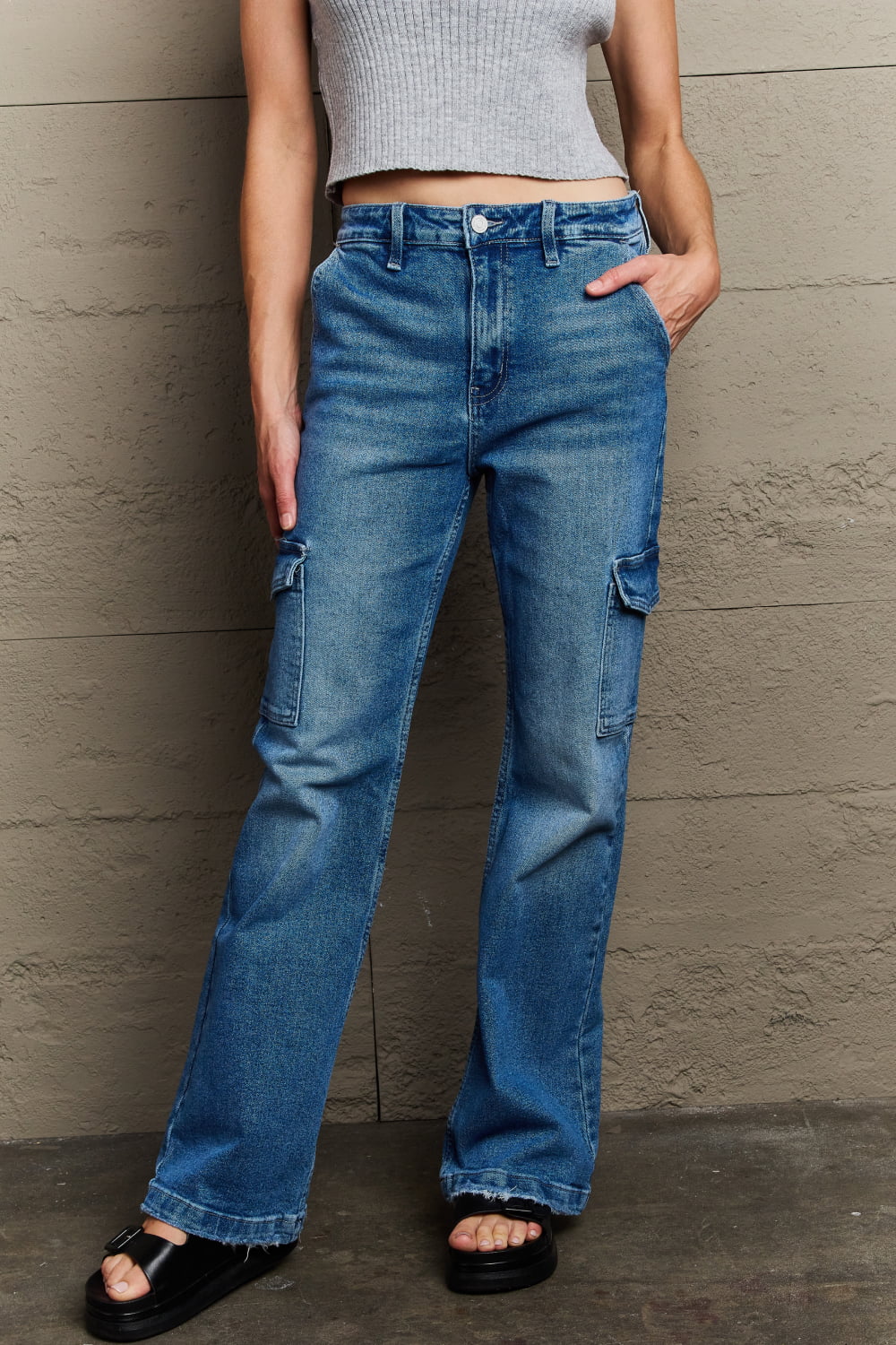 Kancan Holly High Waisted Cargo Flare Jeans - Lola Cerina Boutique