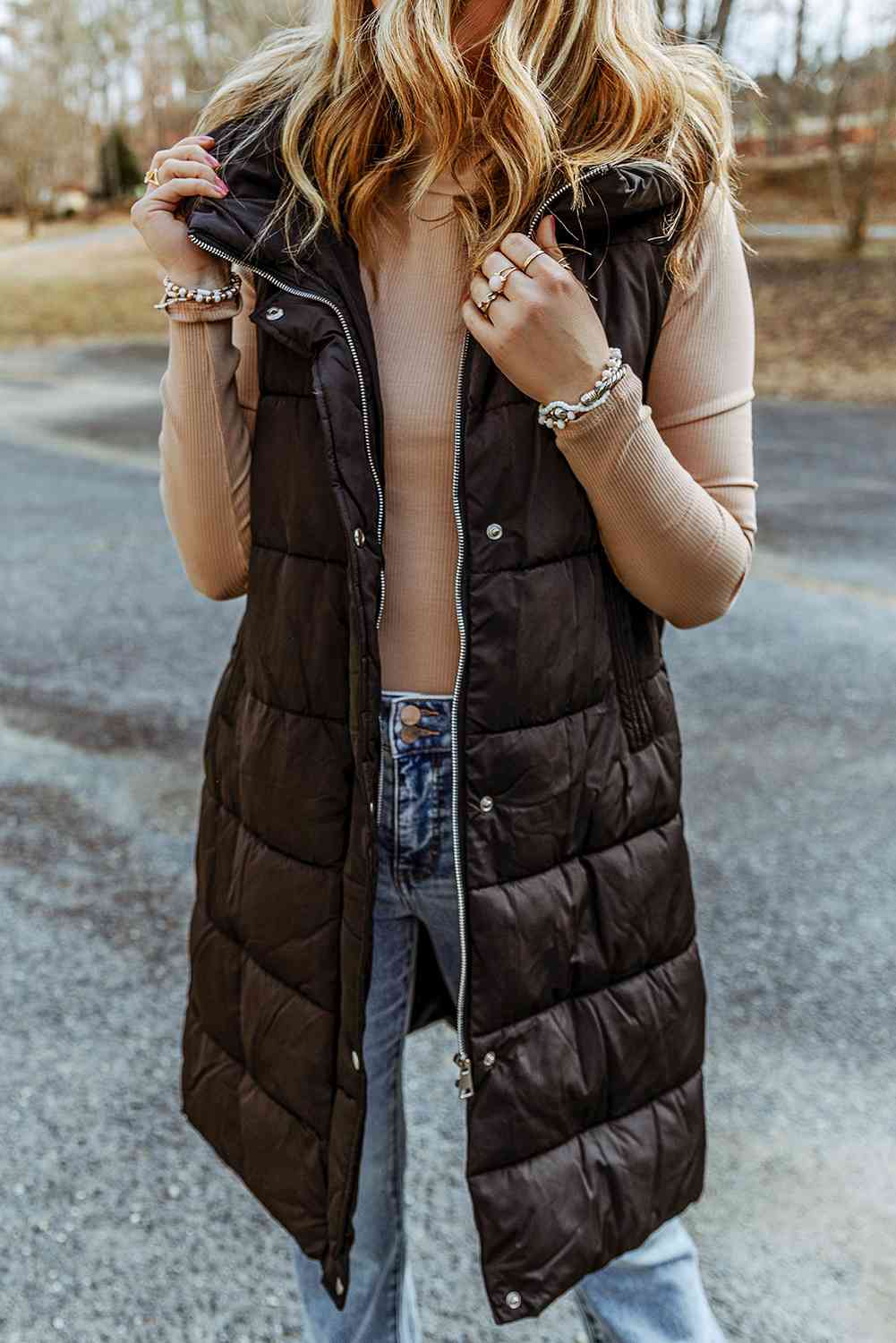 Longline Hooded Sleeveless Puffer Vest - Lola Cerina Boutique