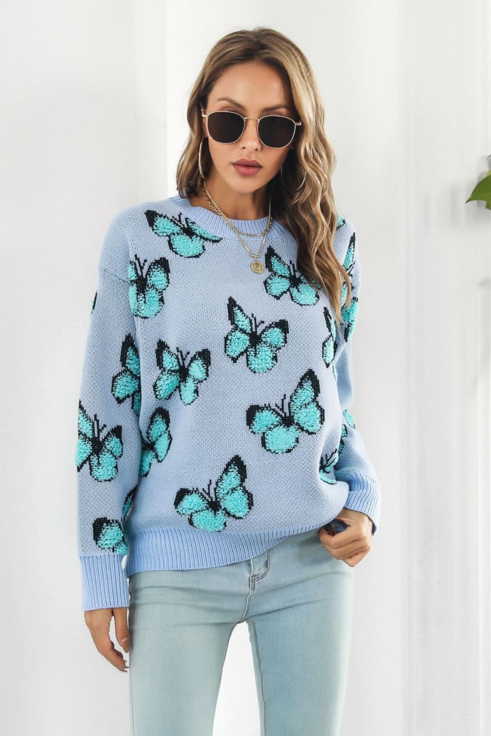 Butterfly Pattern Round Neck Dropped Shoulder Sweater - Lola Cerina Boutique