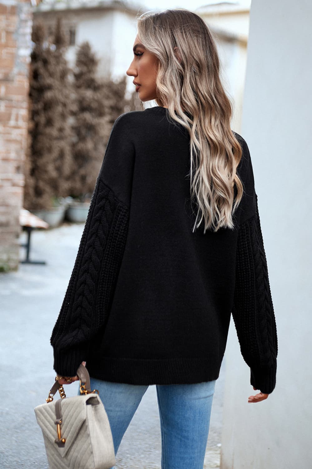 Cable-Knit Round Neck Drop Shoulder Sweater - Lola Cerina Boutique