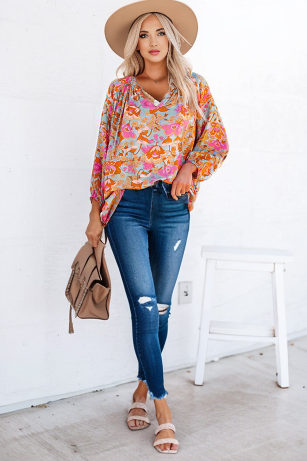 Floral Frill Trim Balloon Sleeve Blouse - Lola Cerina Boutique