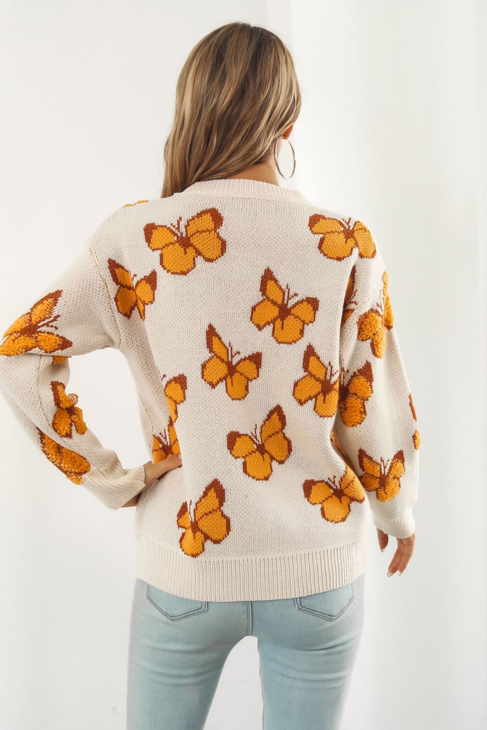 Butterfly Pattern Round Neck Dropped Shoulder Sweater - Lola Cerina Boutique