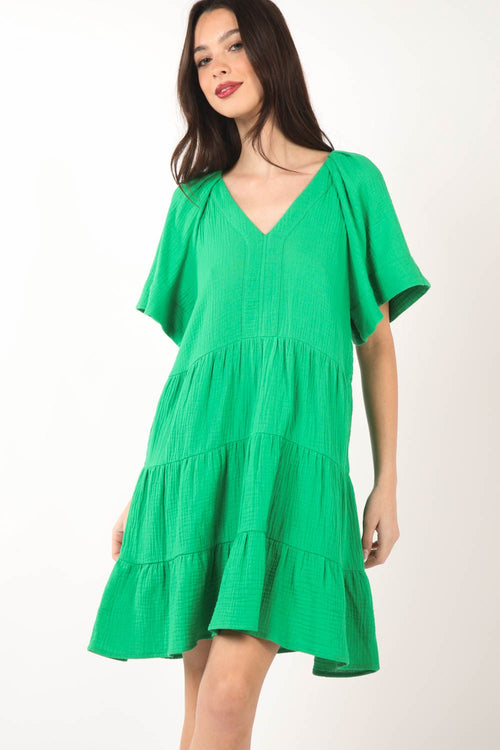 VERY J Texture V-Neck Ruffled Tiered Dress - Lola Cerina Boutique