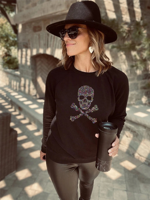 PREORDER | GRAPHIC Luxe Raglan Sweatshirt - Sugar Skulls in Black - Lola Cerina Boutique